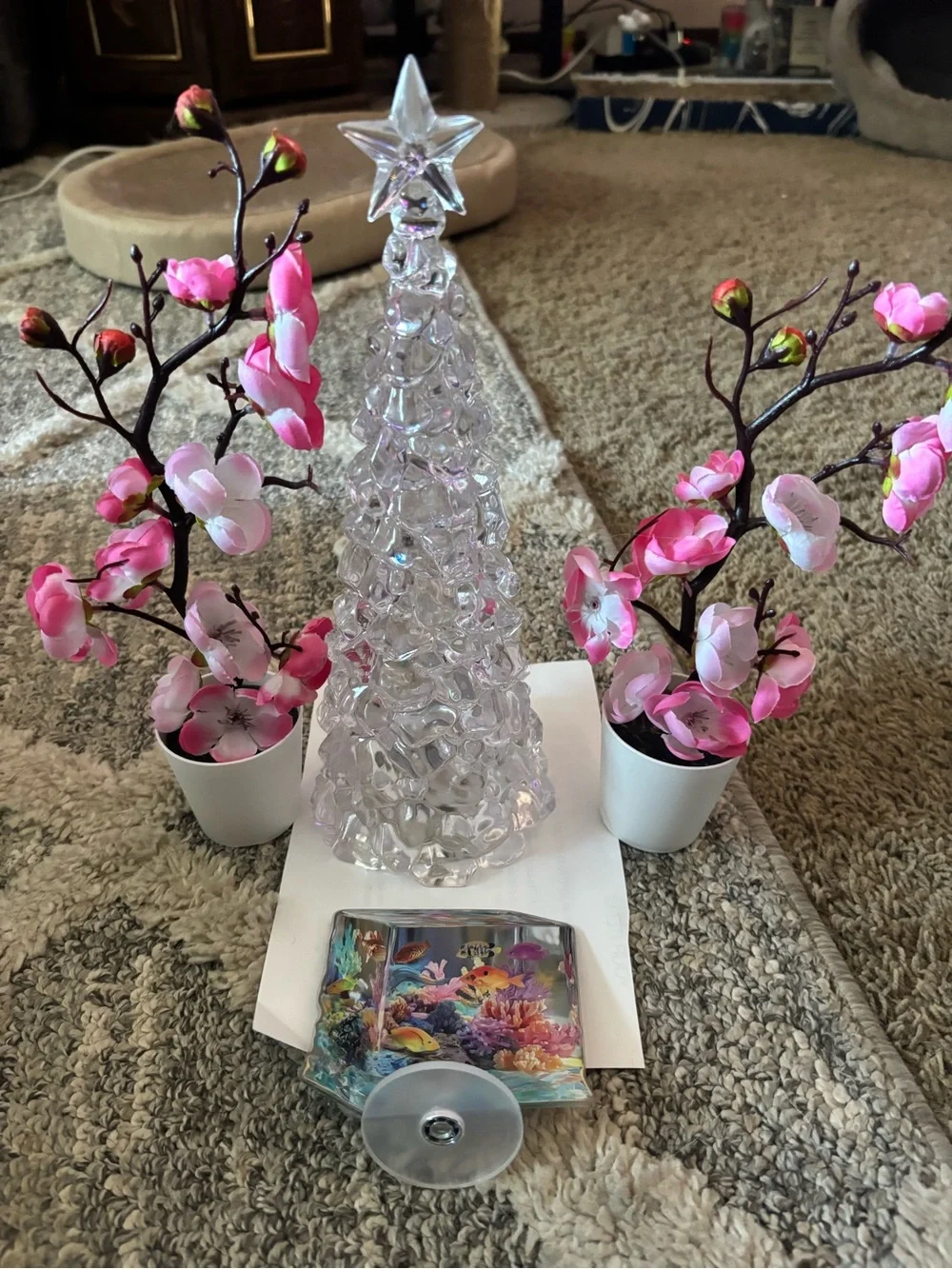 Crystal LED Holiday Tree Decor with Pink Blossom Accents tree is battery operate